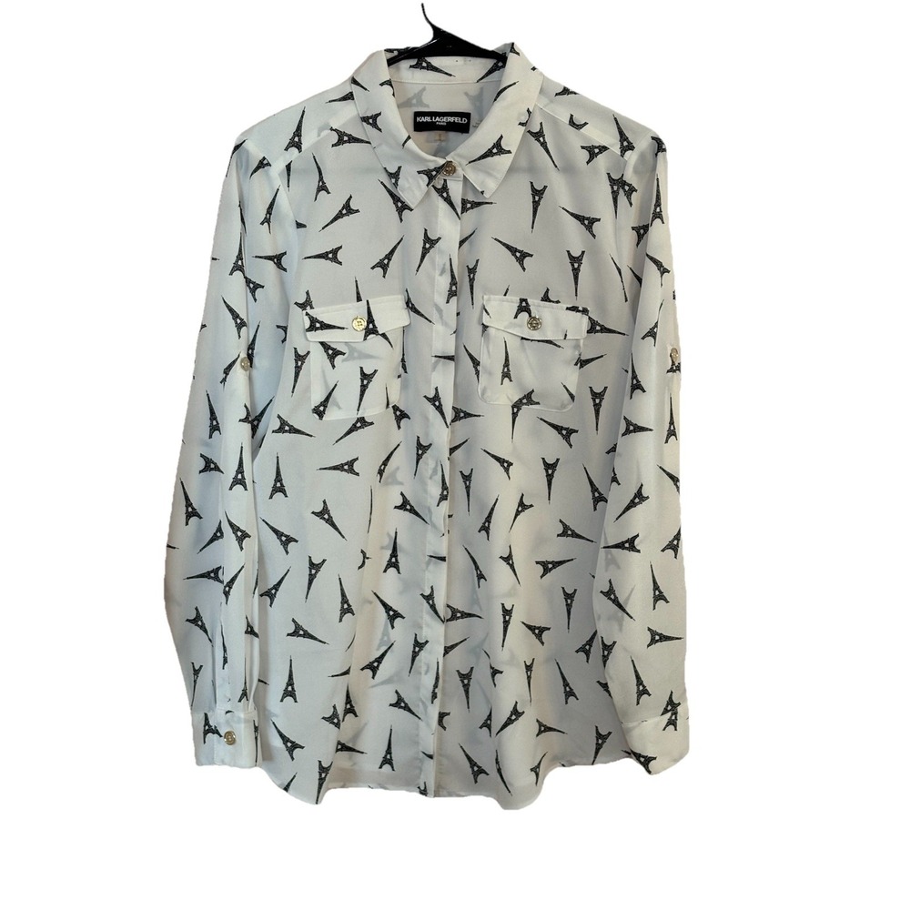 Karl Lagerfeld White Long Sleeve Button-Up Shirt Black Eiffel Tower Print - Picture 2 of 8